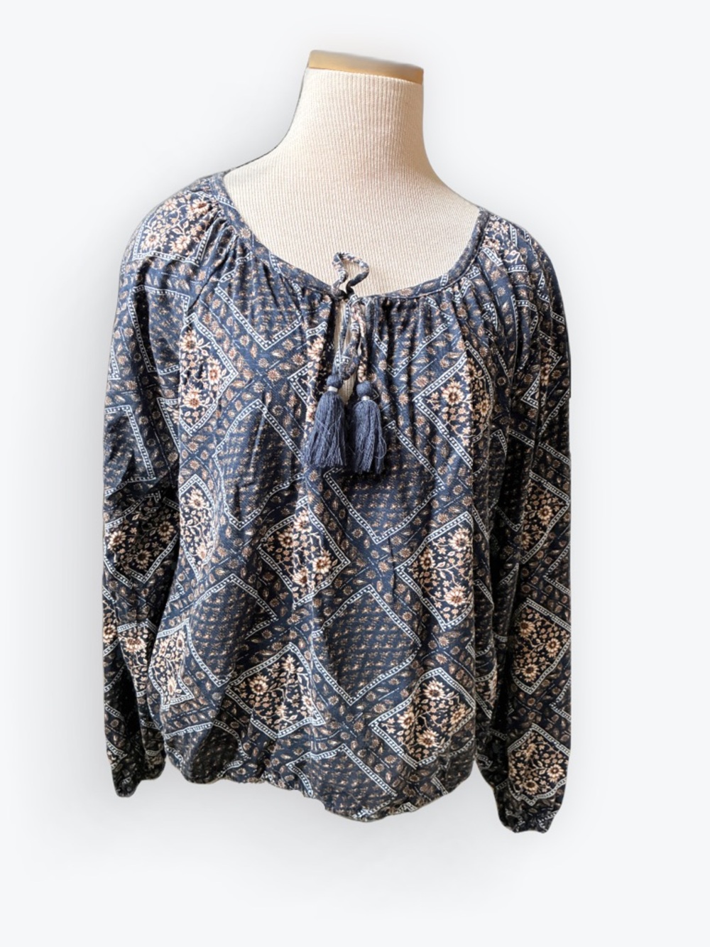 Lucky Brand Boho Printed Peasant Top Cotton Knit Navy Blue Brown